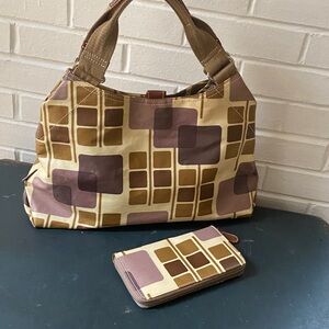 Orla Kiely Coated Canvas Geometric Pattern Shoulder Bag Purse Zip Wallet Set